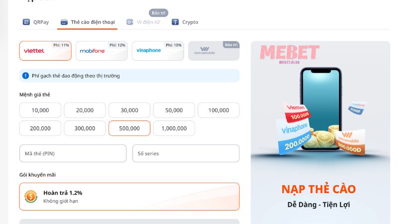 Nạp tiền Mebet qua thẻ cào điện thoại