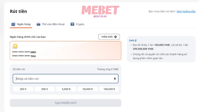 Rút tiền Mebet về ngân hàng