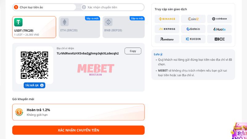Sử dụng tiền ảo nạp tiền Mebet