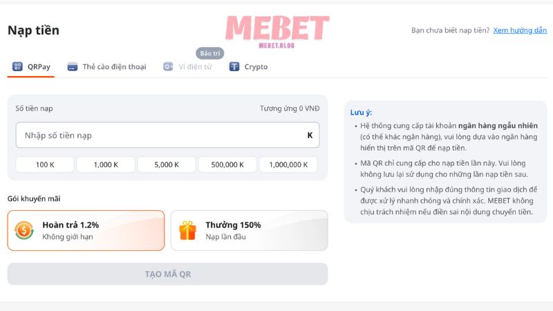 Nạp tiền Mebet qua các ngân hàng
